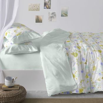 Juego Funda Nórdica 50% Algodón Floral Acuarela Cama De 105 Cm Color Verde Agua Burrito Blanco