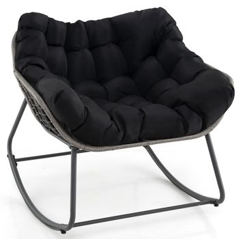 Costway Silla Mecedora de Ratán para Exteriores Silla de Huevo de Mimbre PE con Cojín Grueso y Extraíble para Sala de Estar Balcón Jardín Negro