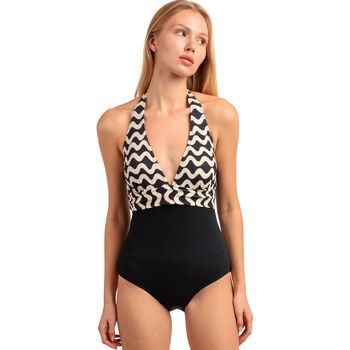 Admas Bañador Bañador halter de una pieza Waves White And Black para mujer