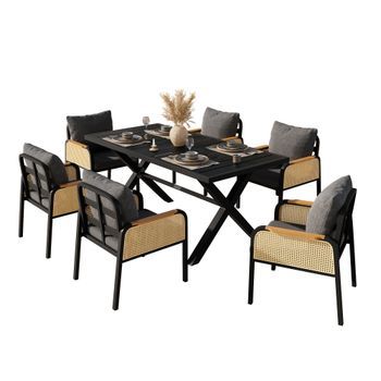Conjunto De Jardín - Hierro Y Poliéster - Negro Y Natural - 6 Plazas