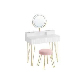 Tocador con Taburete e Iluminación, Blanco Mate + Dorado Pálido / 80A cm
