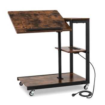Costway Mesa Auxiliar con Ruedas en C con Encimera Elevable e Inclinable Carga Metálica 3 Niveles para Dormitorio Oficina Marrón Rústico