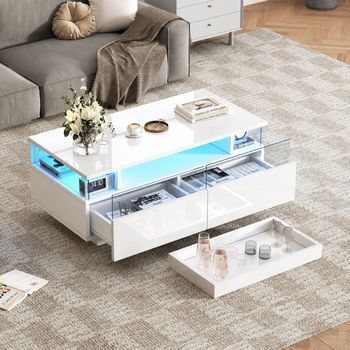 Mesa De Centro Blanca Brillante Con Dos Cajones, Bandeja Extraíble Y Luz Led