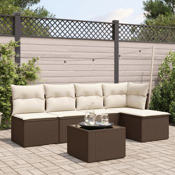 Set Sofás De Jardín 6 Uds | Juego De Muebles De Jardín Y Cojines Ratán Sintético Marrón Cfw30185