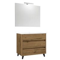 kibath mueble de bano con lavabo espejo y aplique led sirex 100x45 cm acabado teca claro mate 3 cajones con patas