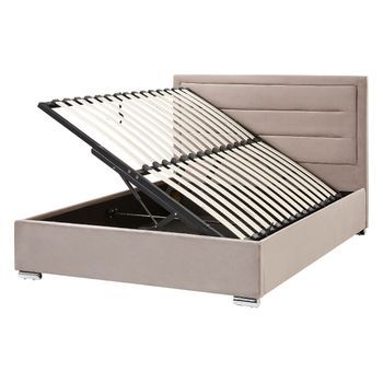 Cama Con Almacenaje De Terciopelo Gris Pardo 140 X 200 Cm Cabecero Acolchado Rouen