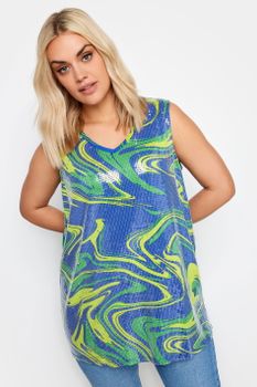 Yous Top Sin Mangas Azul De Ondas Con Lentejuelas, Mujer Curvy Y Tallas Grandes, Yours