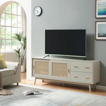 Mesa De Tv Susa Con Puertas Corredoras De Polirratán 160x40x65cm Beige [en.casa]