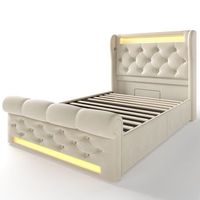 cama individual de terciopelo beige 90 x 200 cm con canape elevable led y usb-c
