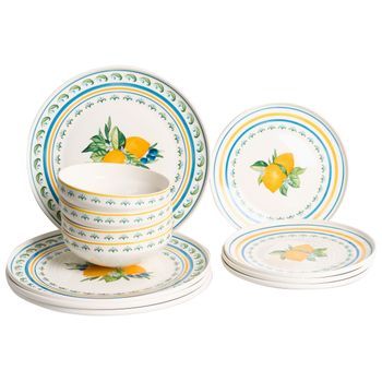 Vajilla De 12 Piezas De Porcelana Acabado Esmaltado Con Motivo De Cítricos Y Limones Para 4 Personas Comedor Cocina Blanco Y Verde Tarragon
