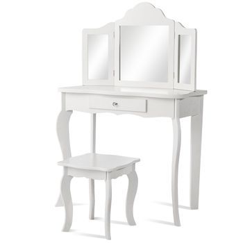 Juego De Tocador Y Taburete Para Niños, Tocador Con Cajón, Espejo, 70 X 34 X 103 Cm, Blanco