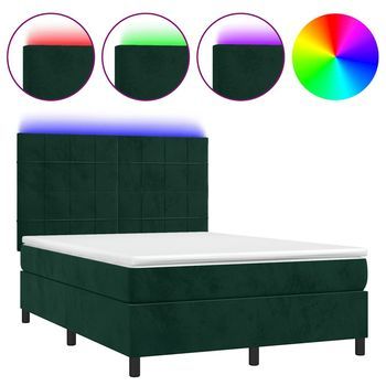 Cama Box Spring Colchón Y Led Terciopelo Verde Oscuro 140x190cm