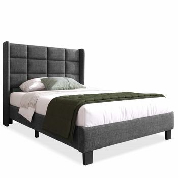 Cama Individual 90x200cm - Cabecero Acolchado, Con Somier De Lamas, Media Firmeza - Gris Lino