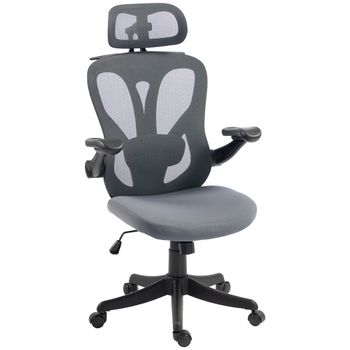 HOMCOM Silla de Oficina Ergonómica con Reposabrazos Abatibles 3D Reposacabezas 2D Perchero en Malla Gris Oscuro   Aosom España
