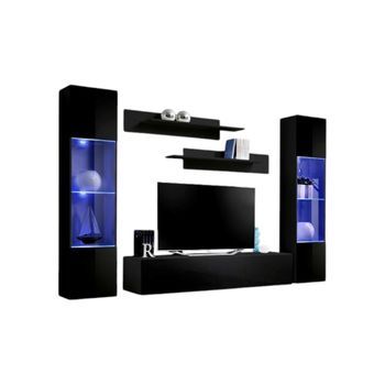 Mueble Para Tv Fly A3 De Diseño, Color Negro Brillante + Led. Mueble Colgante Moderno Y De Moda Para Su Sala De Estar.