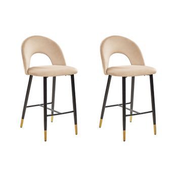Juego De 2 Sillas De Bar Terciopelo Rojo Coral Acero Negro Diseño Retro Extremos Dorados Comedor Falton
