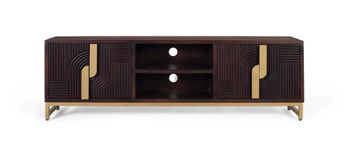 Mueble de tv de madera maciza de mango con base de metal dorado