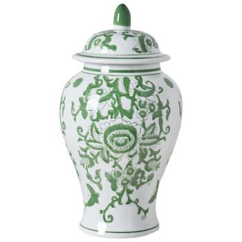 Jarrón Con Tapa Florero Accesorio Decorativo De Porcelana Blanco Y Verde Mondragon