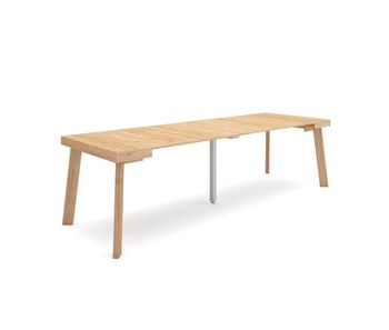 Mesa consola extensible, mesa comedor plegable, 262x90x73cm, para 12 comensales, patas de madera, estilo moderno, roble