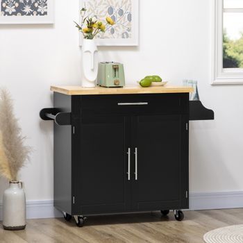 Carrito De Cocina Negro Con Encimera, Especiero Y Ruedas, 109 X 40 X 89 Cm