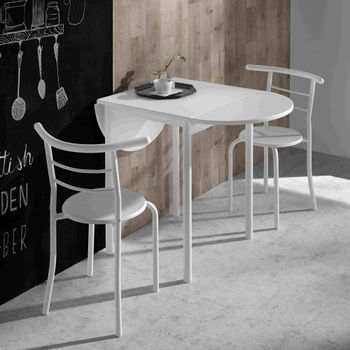 Conjunto de mesa extensible y 2 sillas en blanco. 55/115×61×76 cm