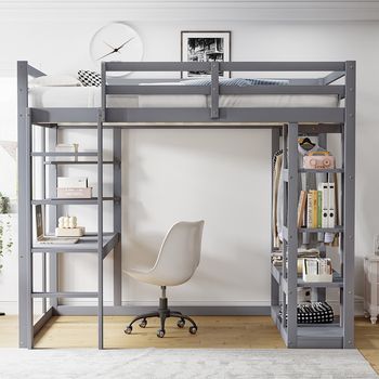 Cama Nido Con Escalera De Madera Maciza 140x200 Cm Con Mesa Y Estantes Con Fijaciones Simples Y Almacenamiento Laminado Camas Para Niños Camas Para Adolescentes Camas Dobles Gris