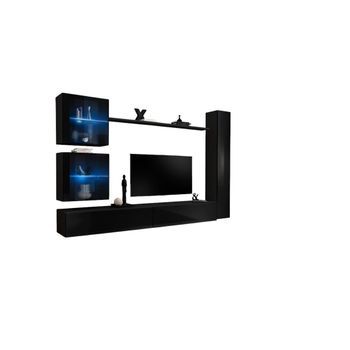 Conjunto De Muebles De Pared Para Salón Switch Xviii Diseño, Color Negro Brillante.