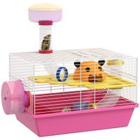 pawhut jaula para hamster con cuenco bebedero rueda de ejercicio torre de observacion y casita 34x27x25 cm rosa