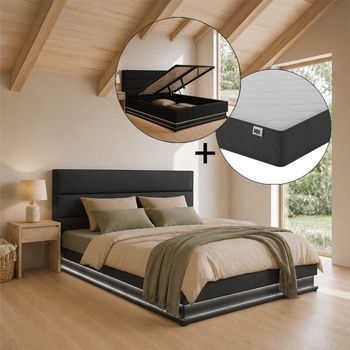 Cama Canapé De Matrimonio Con Colchón | Cama Doble Con Cabecero Y Canapé Led | Somier Lamas | Negro | Madera Y Polipiel | Modelo Nitas | 180x200