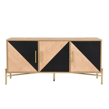 Mueble Tv De Diseño Único - Con 3 Puertas - Tiradores Y Pies Dorados - Natural Y Negro