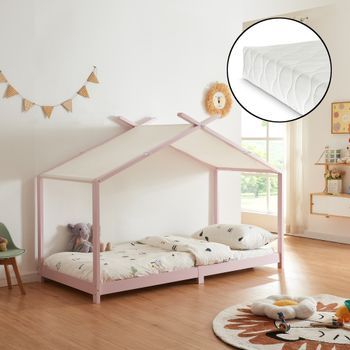 Cama Para Niños Brome Forma Casita Con Colchón Y Techo Pino 90x200cm - Rosa Y Blanco [en.casa]