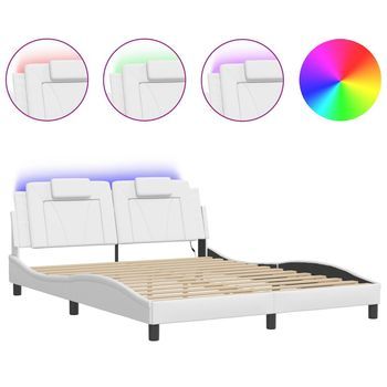 Cama Doble | Cama Para Adultos | Estructura De Cama Con Luces Led Cuero Pe Blanco 160x200 Cm
