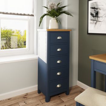 Fay Oak and Blue 5 Drawer Narrow Chest