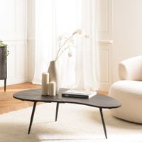mesa de centro ovalada con tablero negro mate y patas de hierro negro
