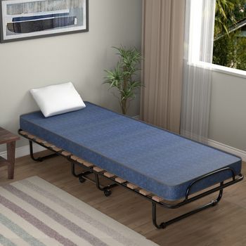 Cama Plegable Con Colchón Para Huéspedes Portátil Ruedas Espuma Memoria Estructura Acero 190 X 80 X 33 Cm Azul Cfw18684