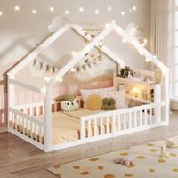 cama casita infantil 90x190 cm con barreras y estantes madera de pino blanco