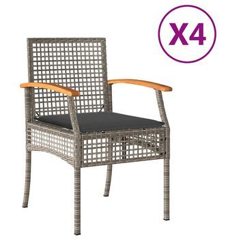 Pack 4 Uds Sillas De Jardín | Silla De Exterior | Sillón Con Cojín Ratán Pe Gris Y Madera Acacia