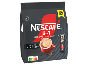 Café soluble - Nescafé 3en1, Monodosis, Arábica y Robusta, con leche azúcar, Tueste medio-oscuro, 10 sobres