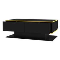 mesa de centro led negra brillante de 100x50x40 cm tres cajones y detalles dorados