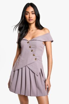 Vestido Mini Plisado Con Escote Bardot Y Raya Diplomática, Beige