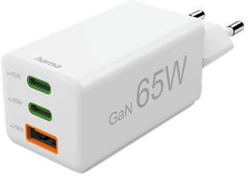 Cargador para portátil - Hama 00201996, Universal, 2xUSB-C+ 1xUSB-A, 65W, 220V, Enchufe Europeo, Blanco
