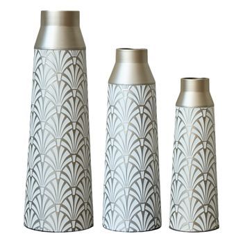 Set De 3 Jarrones De Suelo - Decoración De Interior - Metal - Blanco Y Plata (20x20x61cm)