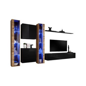 Conjunto De Muebles Para Salón Mural Switch Xvi De Diseño, En Colores Negro Brillante Y Roble Wotan.