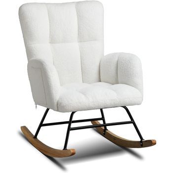 Sillón Mecedora Comhoma Con Reposabrazos, Tapizado En Peluche Estilo Teddy, Diseño Elegante Para Dormitorio O Salón, Soporta Hasta 150 Kg, Blanco