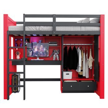 Cama Alta Gaming 90x200 Con Escritorio Y Armario, Estructura De Madera, Negra Y Roja