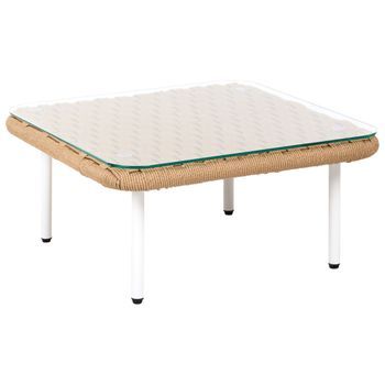 Mesa De Centro Moderna De Metal Ratán Sintético Y Vidrio Jardín Terraza Beige Claro Baucina