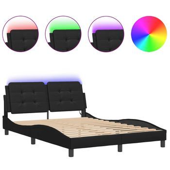 Cama Matrimonial | Cama Para Adultos | Estructura De Cama Con Luces Led Cuero Pe Negro 140x200 Cm
