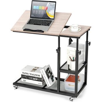 Mesita Lateral Móvil Con Forma De C Con Repisas Costway 80 X 40 X 95 Cmmarrón