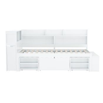 Cama De Mdf 90x200cm - Con Almacenaje Multifunción Y Pequeña Librería Extraíble - Con Somier De Láminas - Blanco