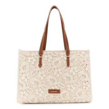 bolso grande de compras de macramé con asas efecto piel ecru